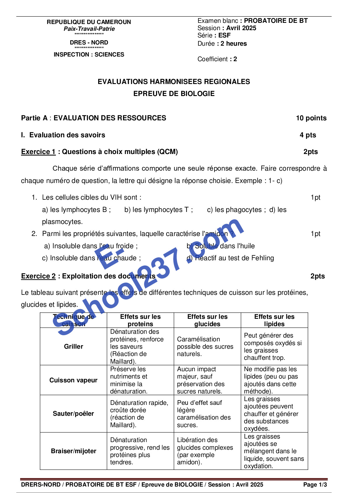 BIOLOGIE Probatoire de BT ESF BLANC 2025.